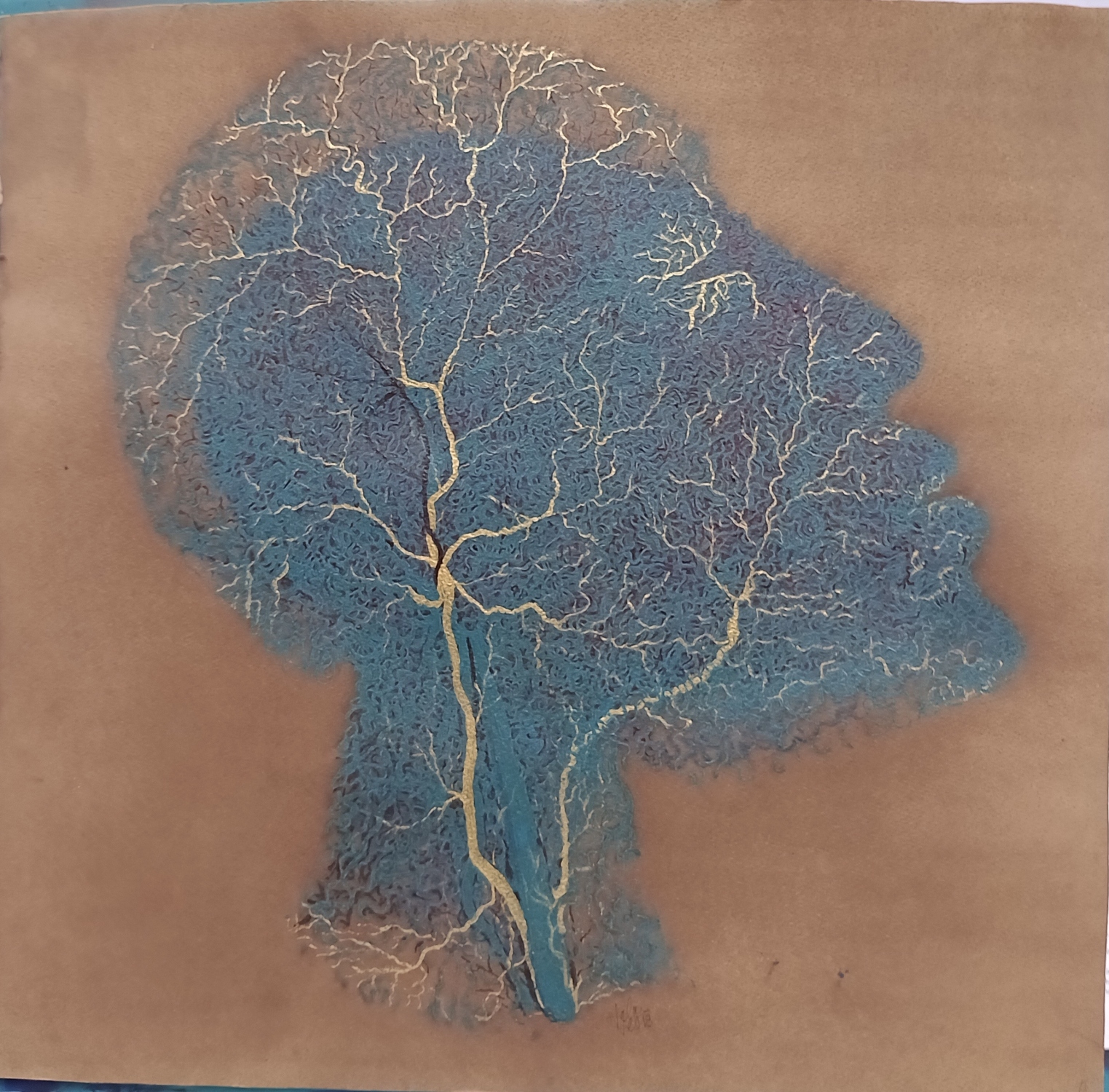 Perfil turquesa y café. Acrílico y nogalina sobre papel. 56.5 x 52 cm. 2016