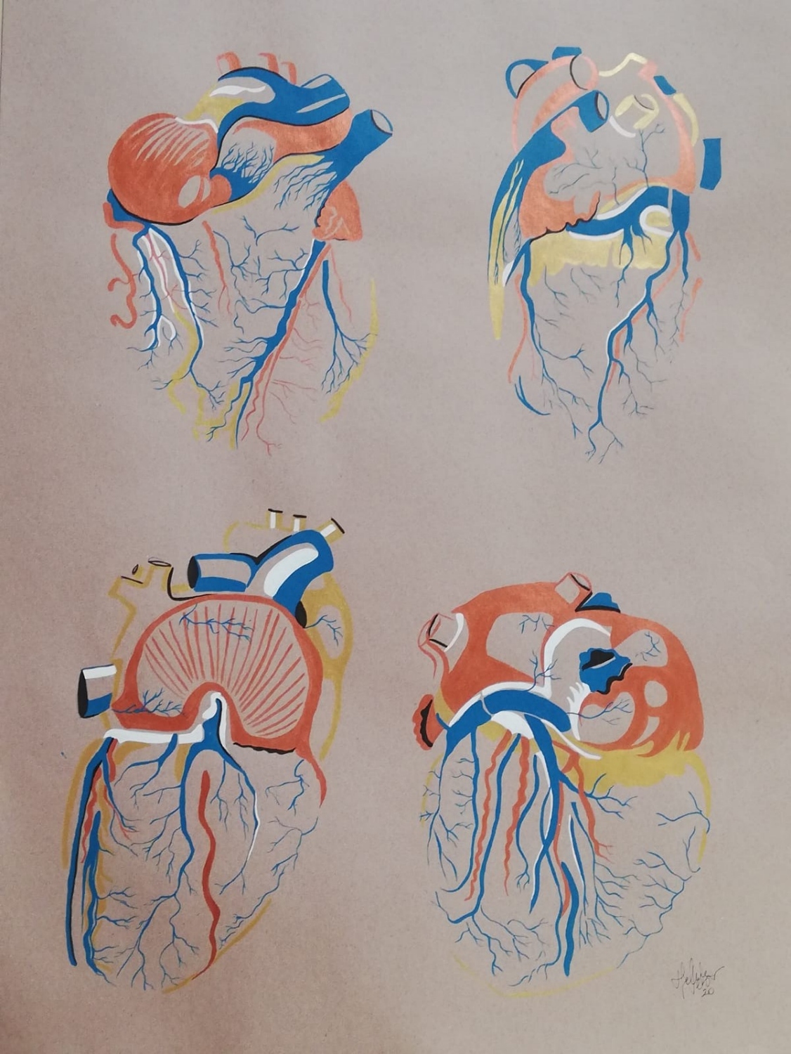 4 corazones. Acrílico sobre papel. 100 x 70 cm. 2019