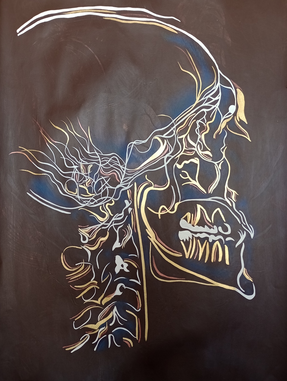 Cráneo fondo café. Acrílico sobre papel. 70 x 100 cm. 2020