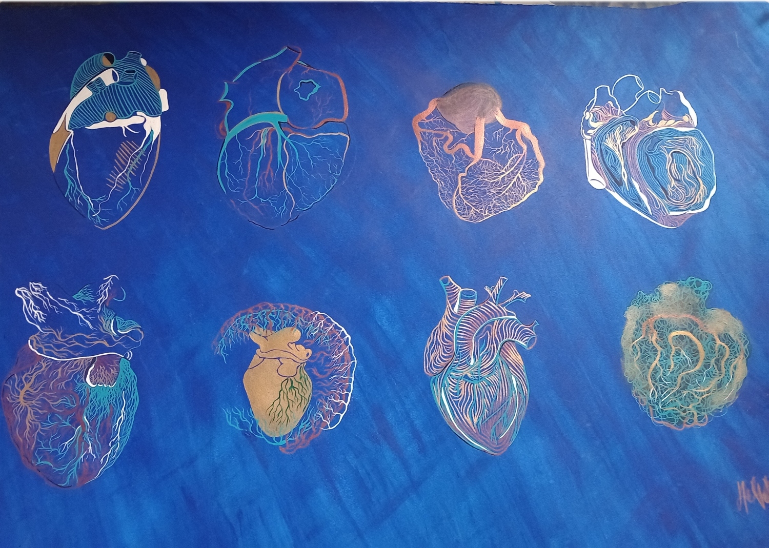 8 corazones. Acrílico sobre papel. 108 x 68 cm. 2024 